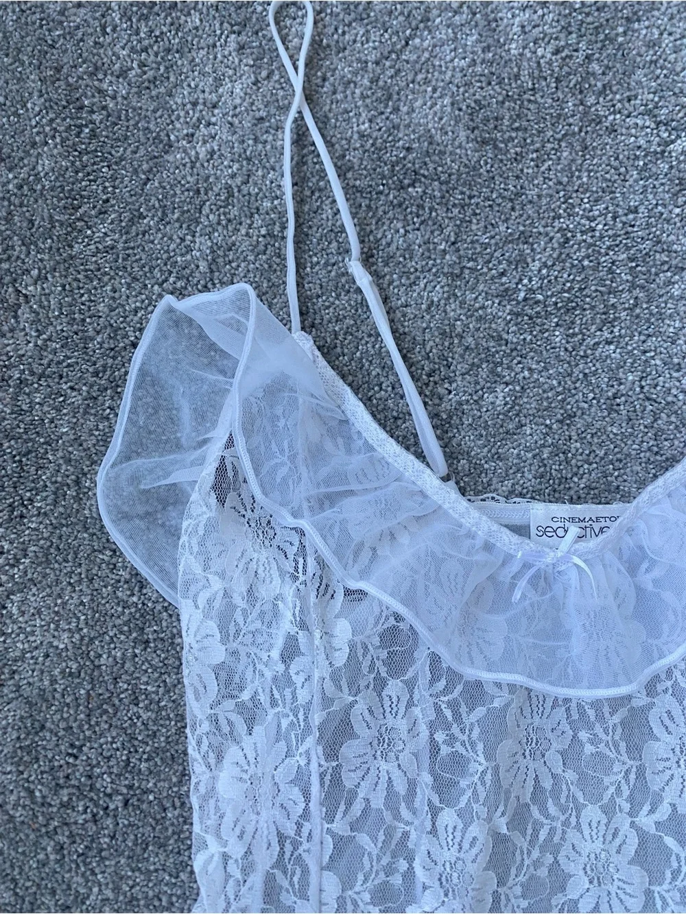 Sheer Floral Lace Ruffle Chemise in White